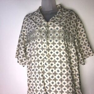 Claiborne White w/Dark Blue Brown Fleur-de-lis Silk Shirt Women's Large